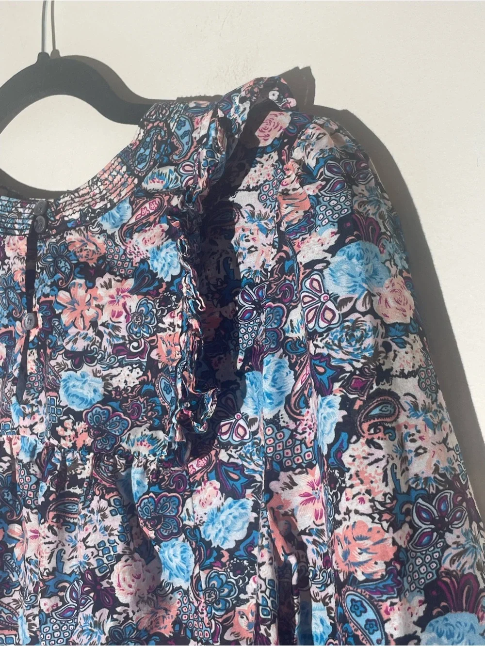 J Crew Ruffle Top Sz M Long Sleeve Blue Pink Paisley Floral Cotton Silk Bohemian
